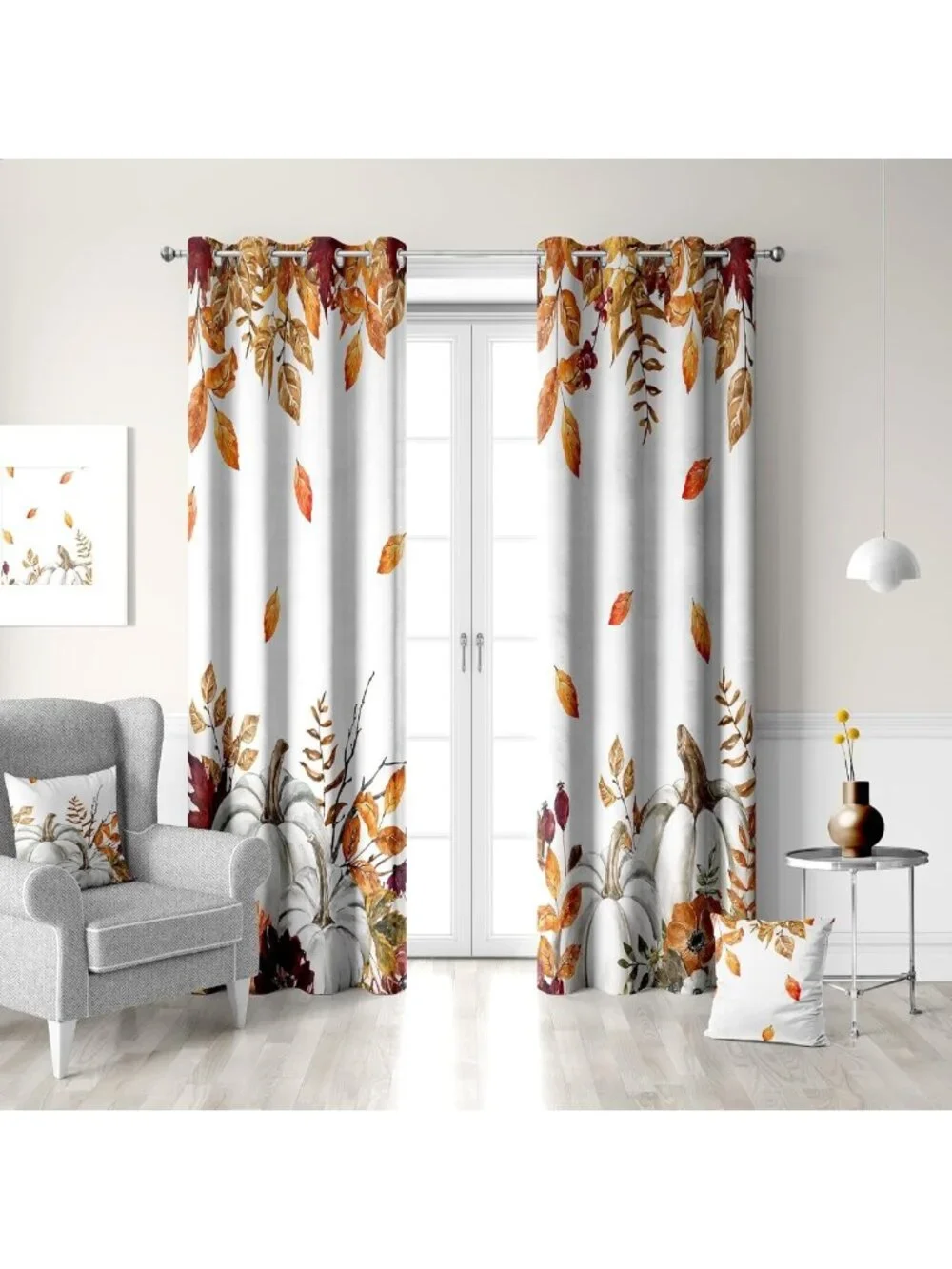 Autumn Leaves Blackout Curtains - Fall Pumpkins & Maple Leaf Drapes, 2 Panels